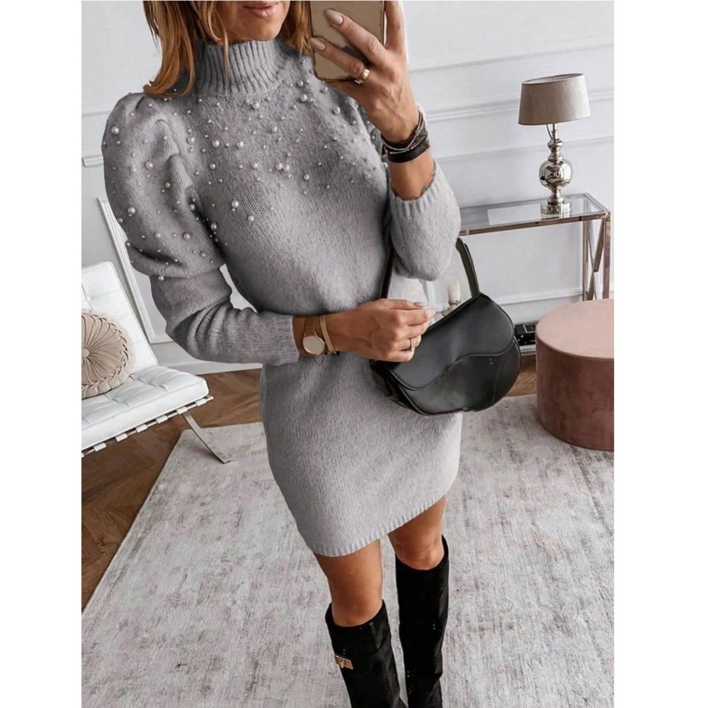 Grey Sweater Short Mini Dress Faux Pearl Embellished Long Sleeve